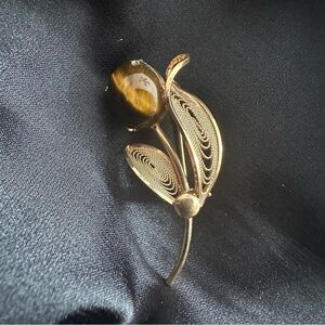 Vintage Tiger’s Eye Leaf Flower Brooch Pin 12/20 Gold Filled